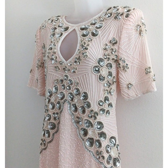 NOS Jennifer Evening Gown MED Pink Midi Silk Bead‎ Sequin Keyhole Barbicore Glam - Picture 4 of 16